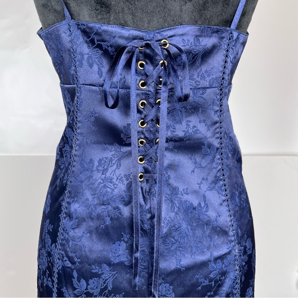 90s Victoria’s Secret Silky Stretch Jacquard Blue Corset Chemise Slip Dress M